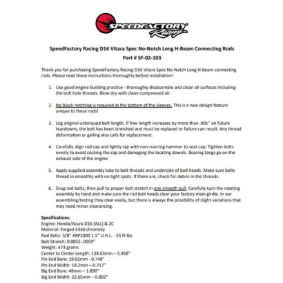 SpeedFactory Racing D16 Vitara Spec No-Notch Long Connecting Rods